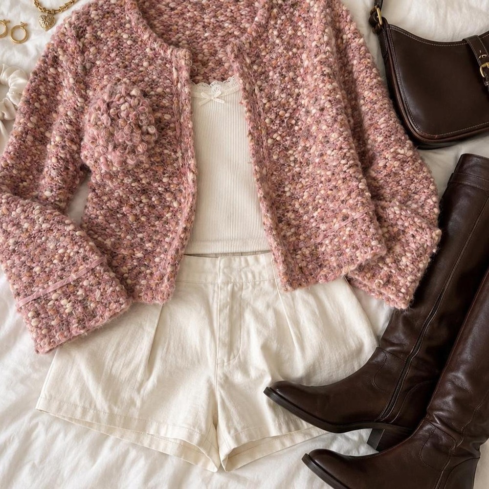 pink fairy cardigan sweater  boho knit rose detail front clasp round sweater